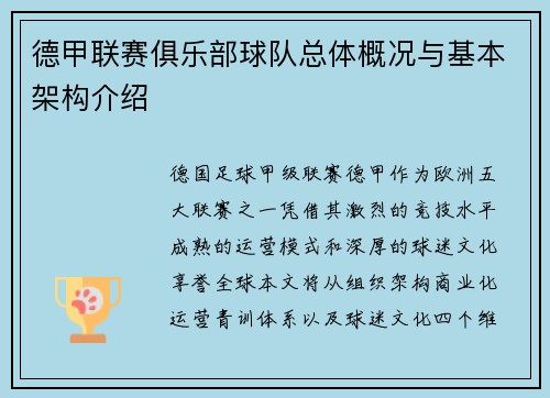 德甲联赛俱乐部球队总体概况与基本架构介绍
