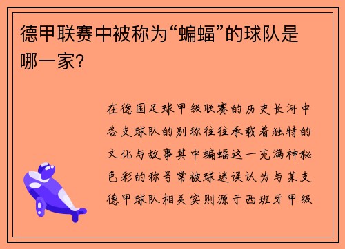 德甲联赛中被称为“蝙蝠”的球队是哪一家？